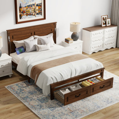 Queen Size Bed with Tall-Panel Headboard & Footboard, 2 Storage Drawers, Built-in LED Lights, USB Charging Station, Pinewood Bed with Strengthened Bed Frame
