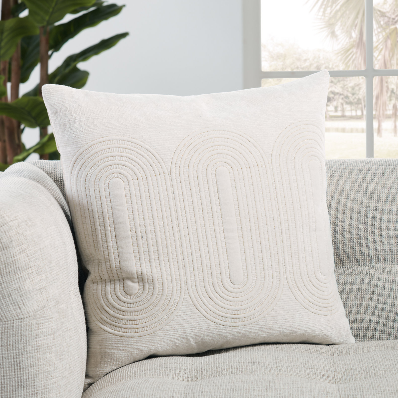 Ramona Square Cotton Pillow Cover & Insert, Blanc De Blanc/Silver Green/Rich Gold, 100% Polyester