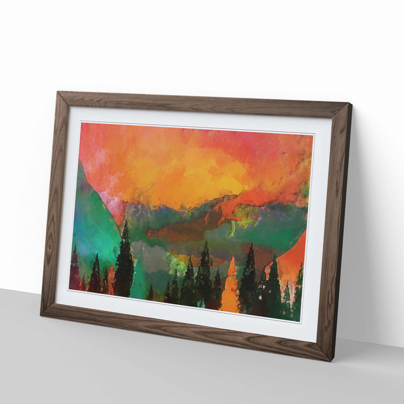Trees at the Foot of a Setting Sun in Abstract - Picture Frame Painting Print on MDF, 35cm H x 50cm W x 2cm D, Walnut