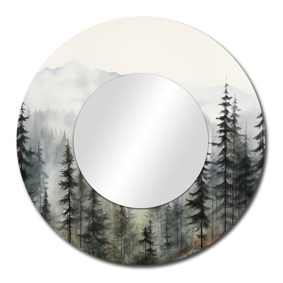 Pin, Misty Mountain II - grand miroir en pin, décor de miroir mural rond traditionnel
