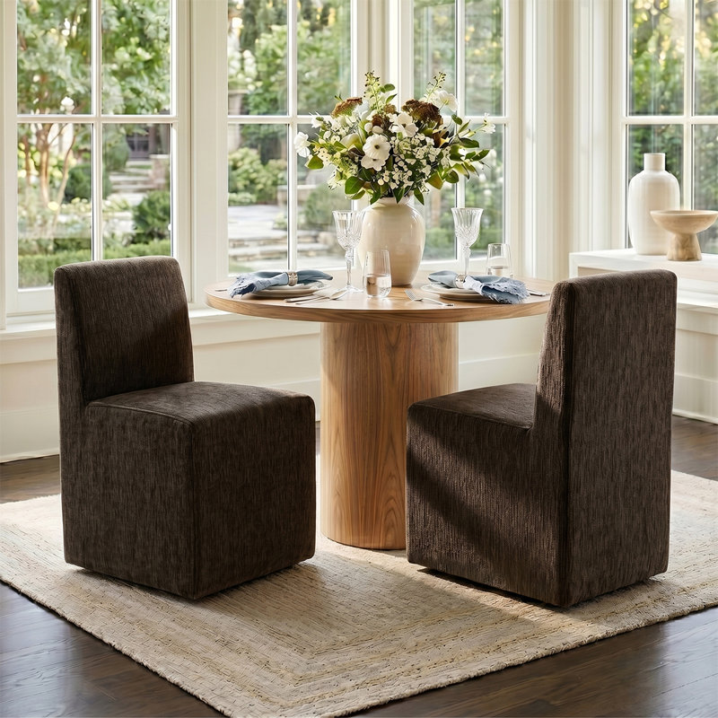 Chaise rembourrée en chenille avec roulettes cachées, Brun