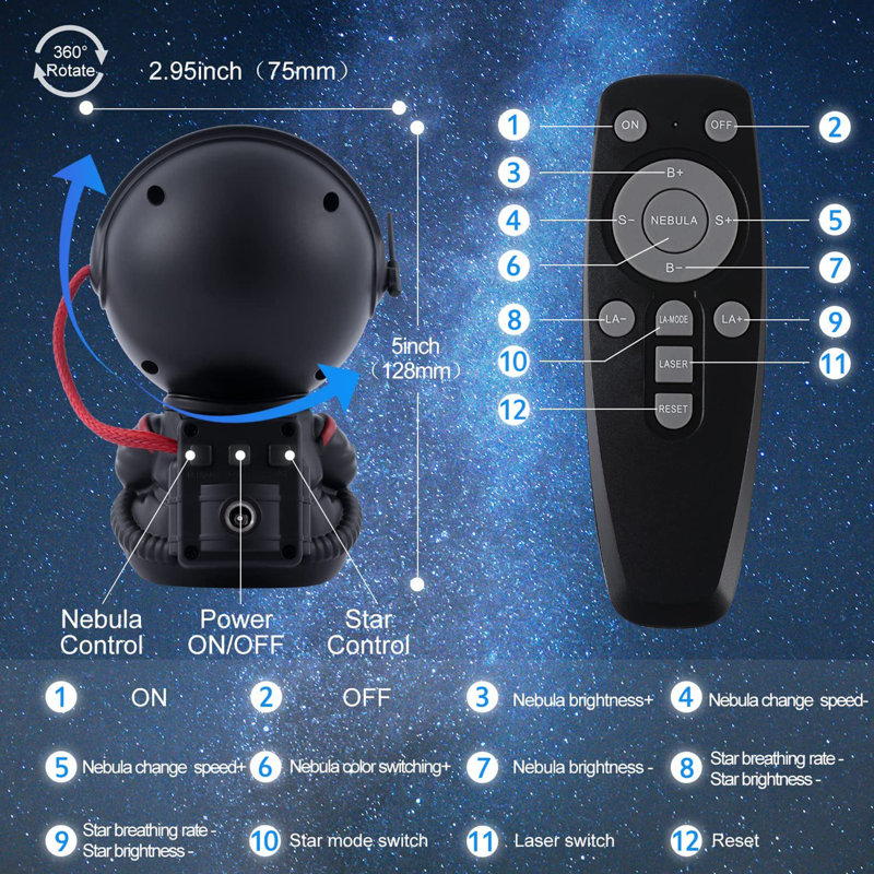 Astronaute avec guitare, projecteur de nuit et lumière étoilée, Noir