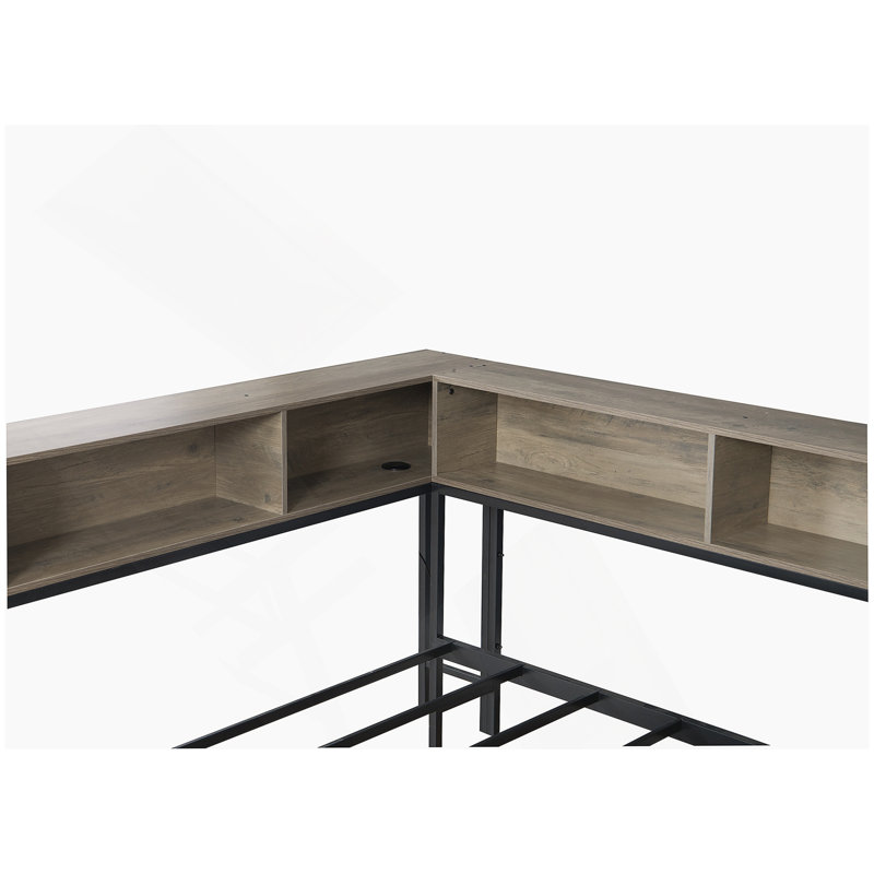 Structure de lit d'angle pour lit simple avec bibliothèque et 2 tiroirs de rangement sous le lit, lit simple moderne avec lumière DEL et station de charge, lit de jour moderne réversible à gauche ou à droite, gris