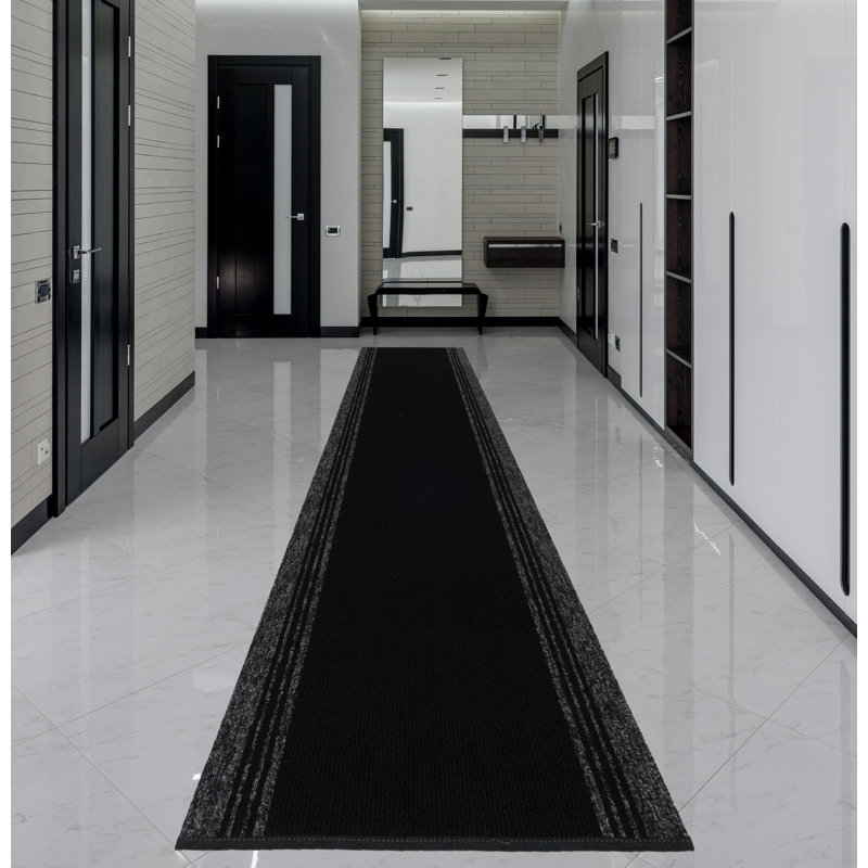 Custom Size Runner Rug Solid Border Black Berber Style Indoor/Outdoor Non Slip Latex Backing, Runner 2'2" x 5'