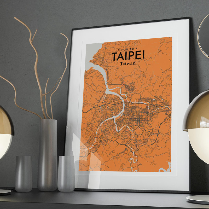 Taipei City Map in Orange 1 Piece Wall Art, 36cm H x 24cm W x 0.05cm D