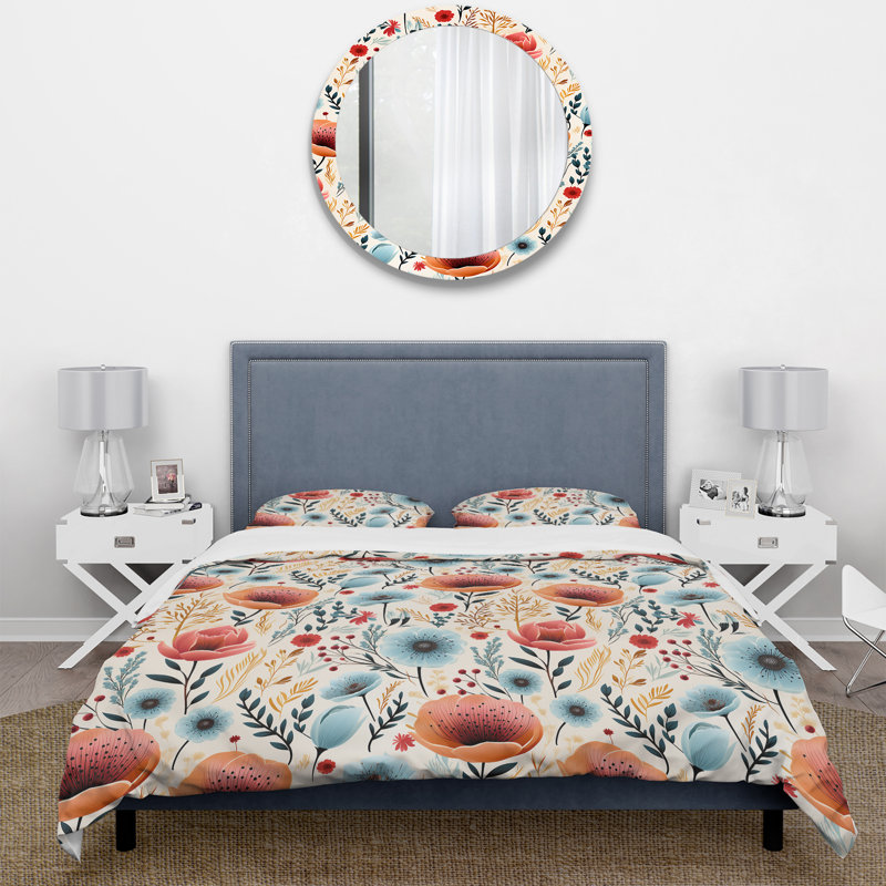 Ensemble de housse de couette Blue and Coral Vintage Poppy Dreams, Housse de couette pour très grand lit et 2 très