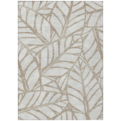5' X 8' Beige And Brown Floral Washable Indoor Outdoor Area Rug