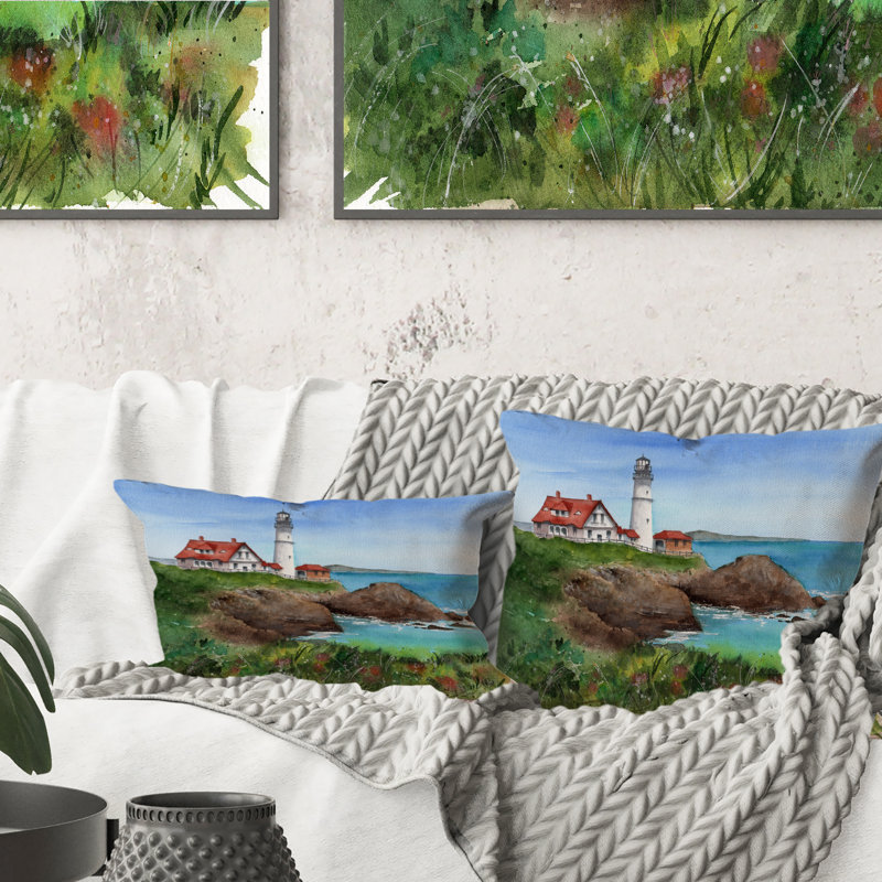 Coussin décoratif à motif nautique et côtier Lighthouse By The Oceanside 1