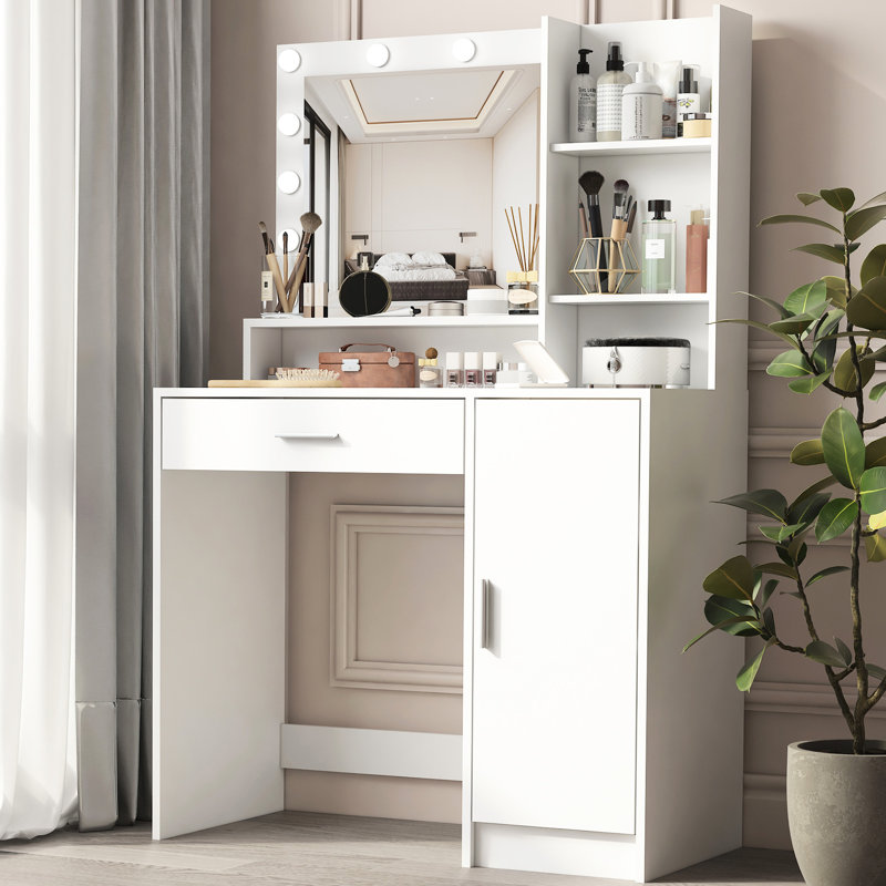 Bureau de coiffeuse à couleur réglable, commode de rangement à trois niveaux, coiffeuse de chambre blanche et support fonctionnel en métal