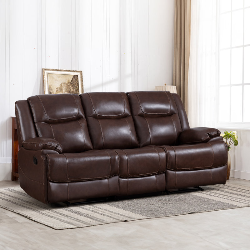 Elegant 83.5'' Wide Modern Overstuffed Manual Premium Genuine Leather Triple Seater Recliner Sofa - Thumbnail 2
