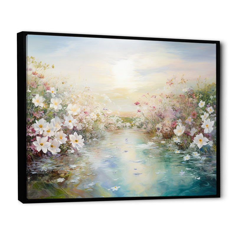 «Simplity Wreath Green Flower Field I» sur toile, Cadre flottant noir, H 12 po x l 20 po x P 1 po