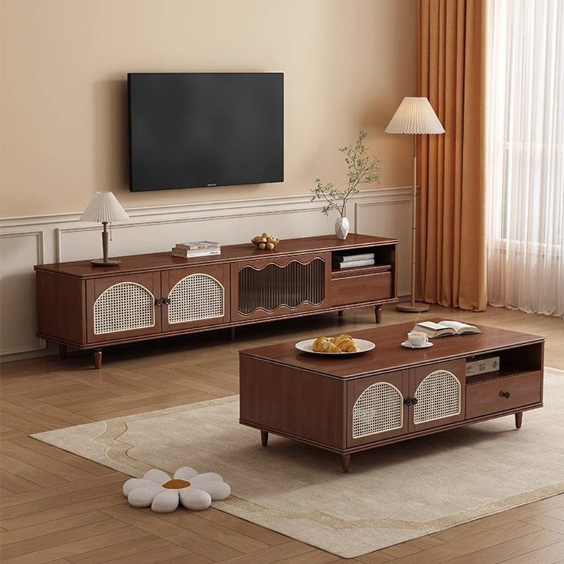 Ensemble de meuble télé avec porte en rotin de style français, Brun