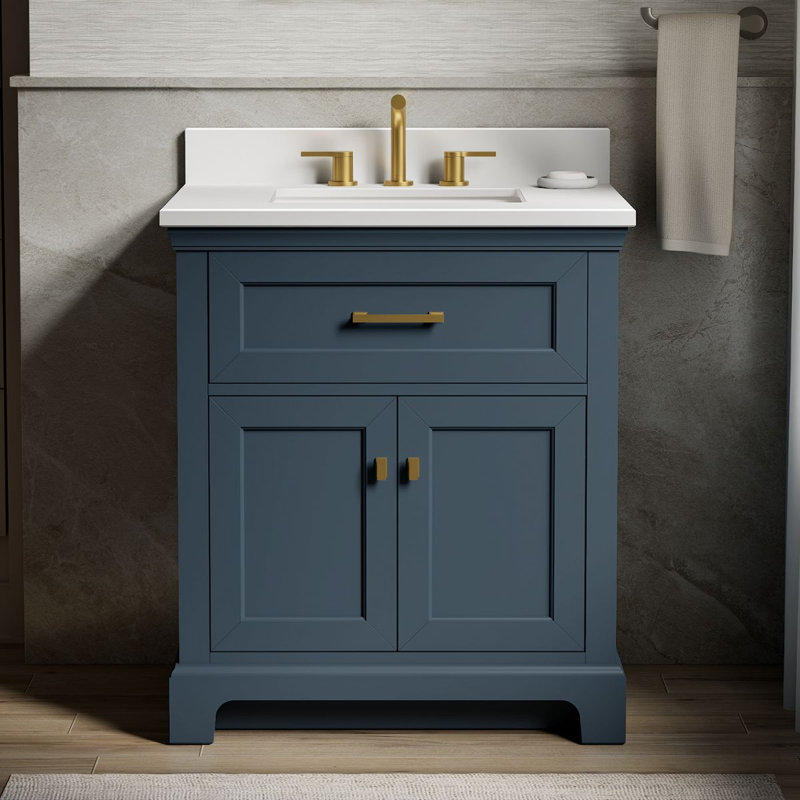 Charlemont 30 In. Bathroom Vanity Cabinet With Sink And Quartz Top, Tidal Blue, Brushed Brass, 30"