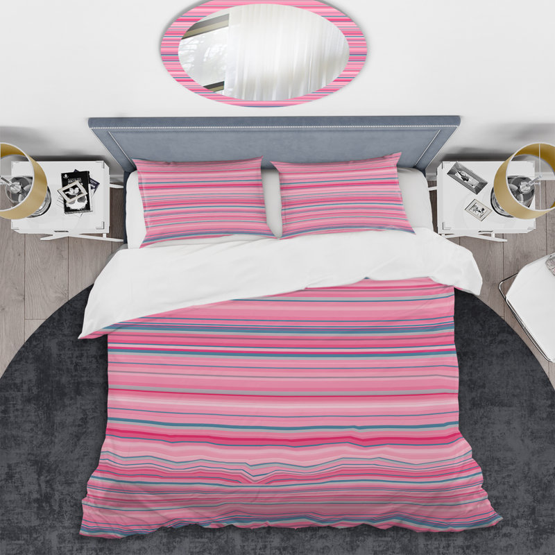 Motif rayé rose et bleu - Ensemble de housse de couette abstrait - Microfibre de polyester