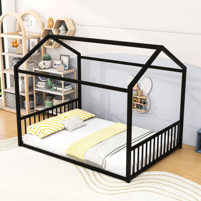 Metal Floor Bed Frame With Safety Guardrails