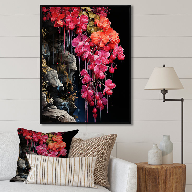 Jardin du Japon, fuchsia, art mural Fuschia, Cadre flottant noir, 44" H x 34" W