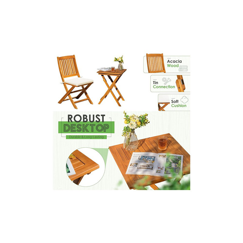 Ensemble bistro en bois d'acacia pliant pour patio - 2 chaises avec coussins pour l'extérieur