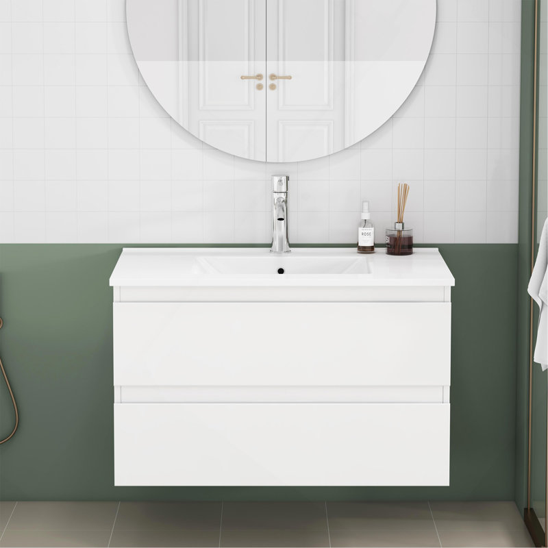 Ensemble de meuble-lavabo avec lavabo 31,5 po, armoire avec 2 grands tiroirs, système de fermeture en douceur, 2 grands tiroirs, conception sans poignée, assemblage facile, blanc brillant