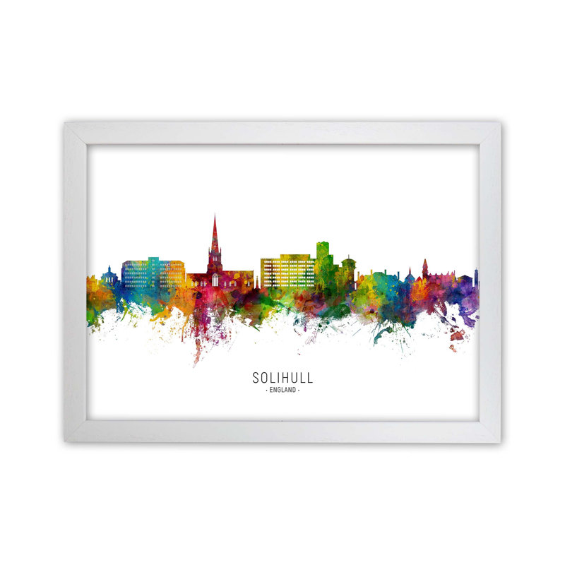 Solihull England Skyline by Michael Tompsett - Print, 34cm H x 46cm W x 3cm D, White Framed