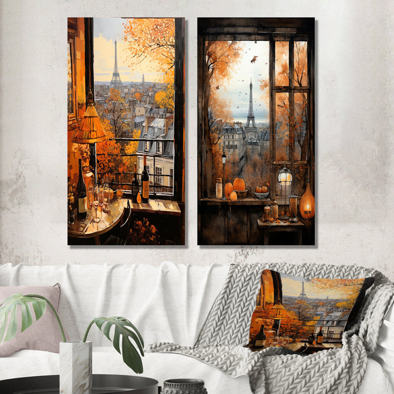 Retro Paris Window View IV - Paris, art mural sur toile, ensemble de 2, H 40 po x l 41 po, Toile tendue