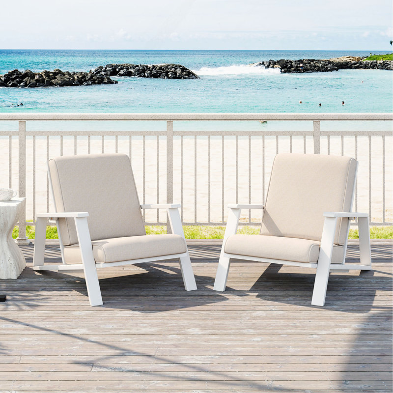 Ensemble de 2 chaises longues pour patio, fauteuil club d'extérieur avec coussin beige et structure en bois d'acacia blanc