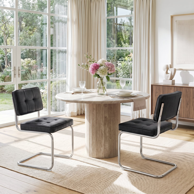 Chaise en porte-à-faux capitonnée en cuir Marlow, Noir, Chrome chrome