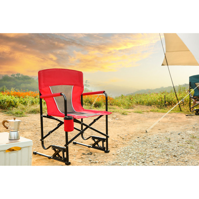 Chaise berçante portable d'extérieur - rouge, avec accoudoir et poche de rangement convenant à une utilisation dans le jardin