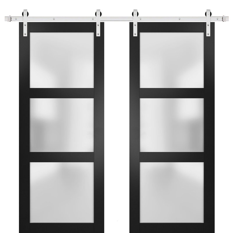 Portes de grange en verre givré Lucia avec quincaillerie d'installation, 84 po x 96 po, Noir, Acier inoxydable