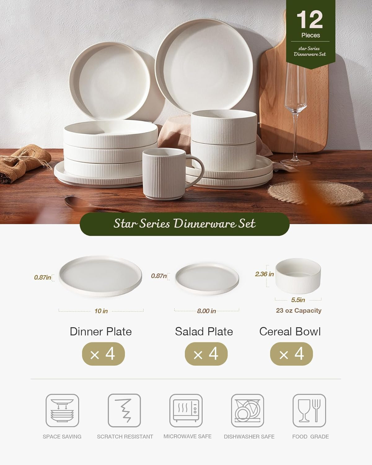 Stoneware Dinnerware Set, Service for 4, Matte White