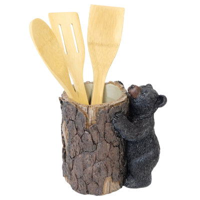 Polyresin Faux Log Black Bear Cub Decorative Freestanding Kitchen Utensil Holder Crock