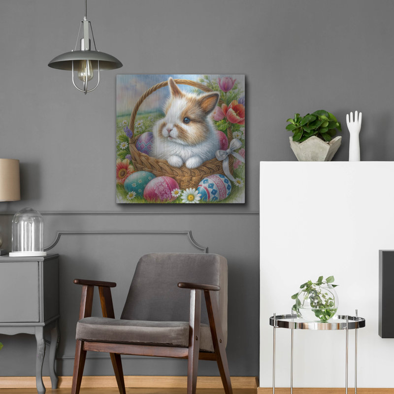 «Lapin dans un panier avec des œufs de Pâques» par Rey Klimt, art mural en métal, H 24 po x l 24 po