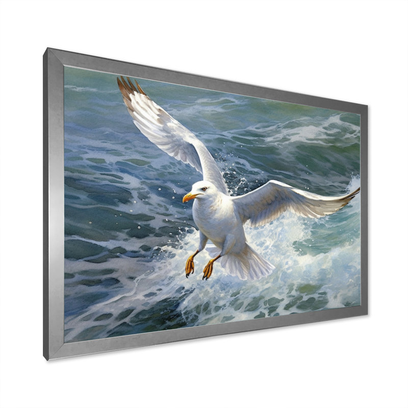 «Watchful Seagull IV», art mural sur toile, Cadre simple argenté, H 16 po x l 32 po x P 1 po