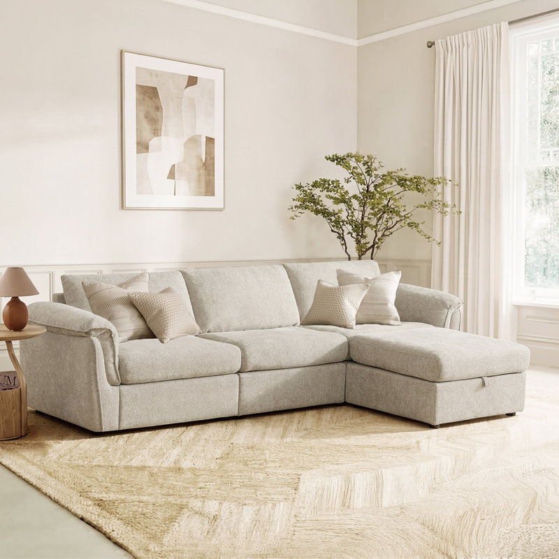 Elysion 122" W Modern 4-Piece Upholstered Modular Sectional Sofa With Ottoman, Taupe Polyester
