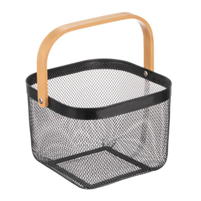 Panier en métal avec poignée en bois - noir / naturel