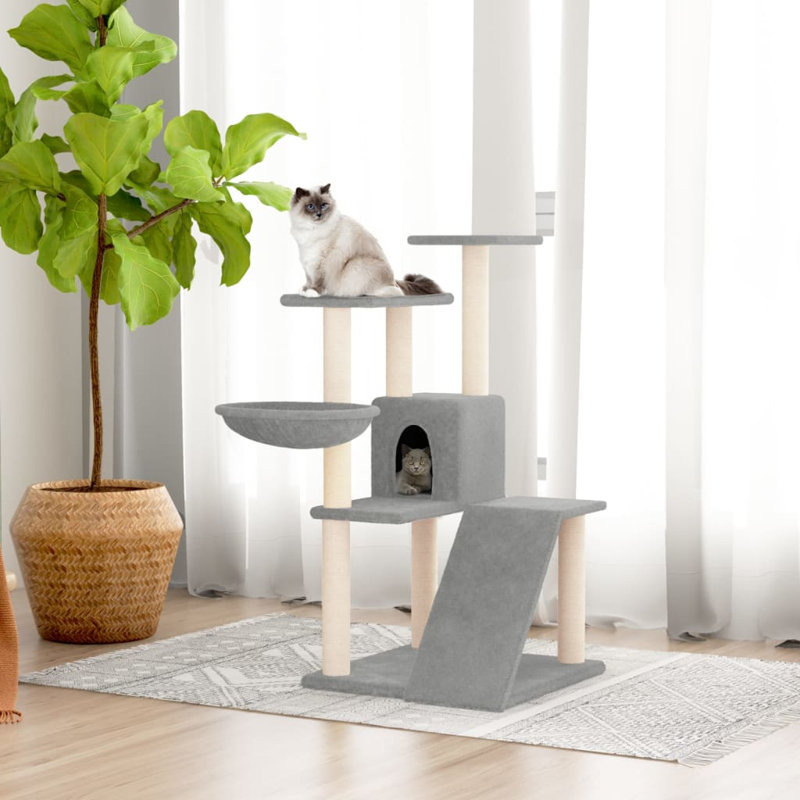  Arbre à chat en bois d'ingénierie, moelleux, sisal moyen moderne, Gris clair