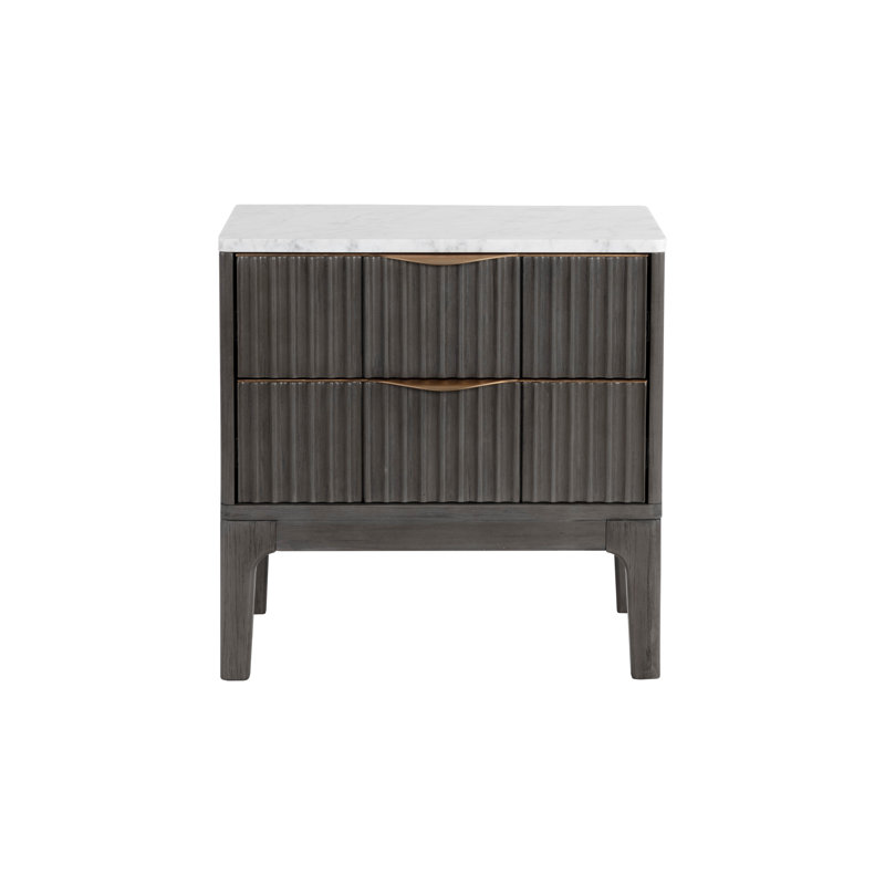 White Marble and Gray Acacia 2-Drawer Nightstand