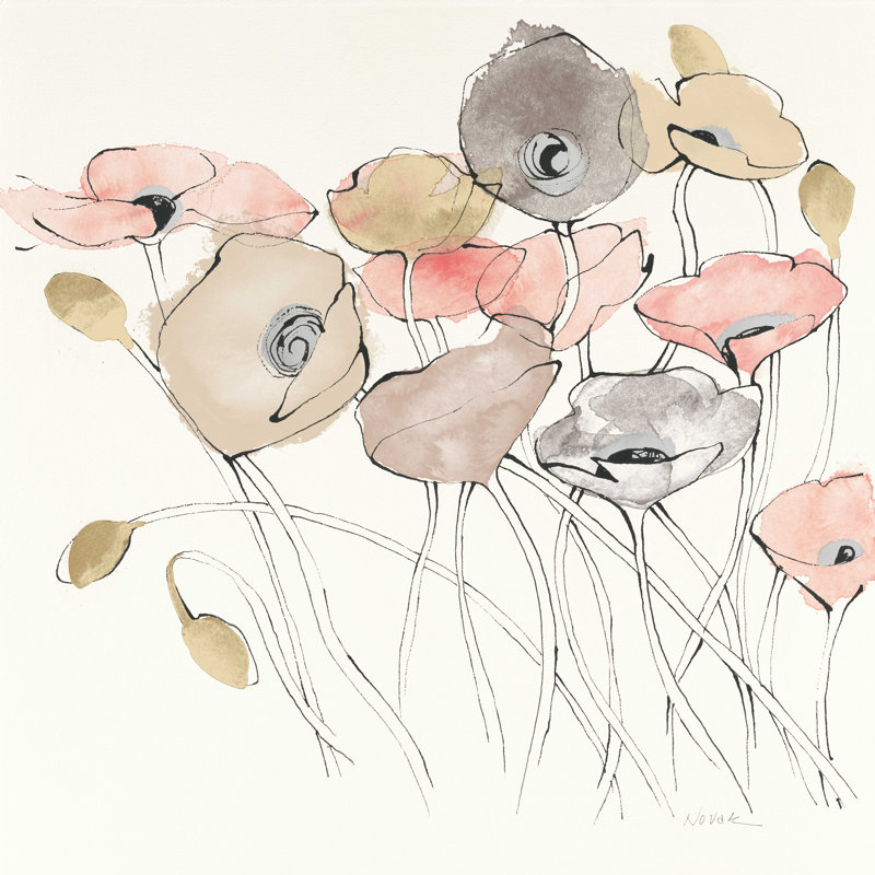 Coquelicots ligne noire I aquarelle neutre, H 36 po x l 36 po