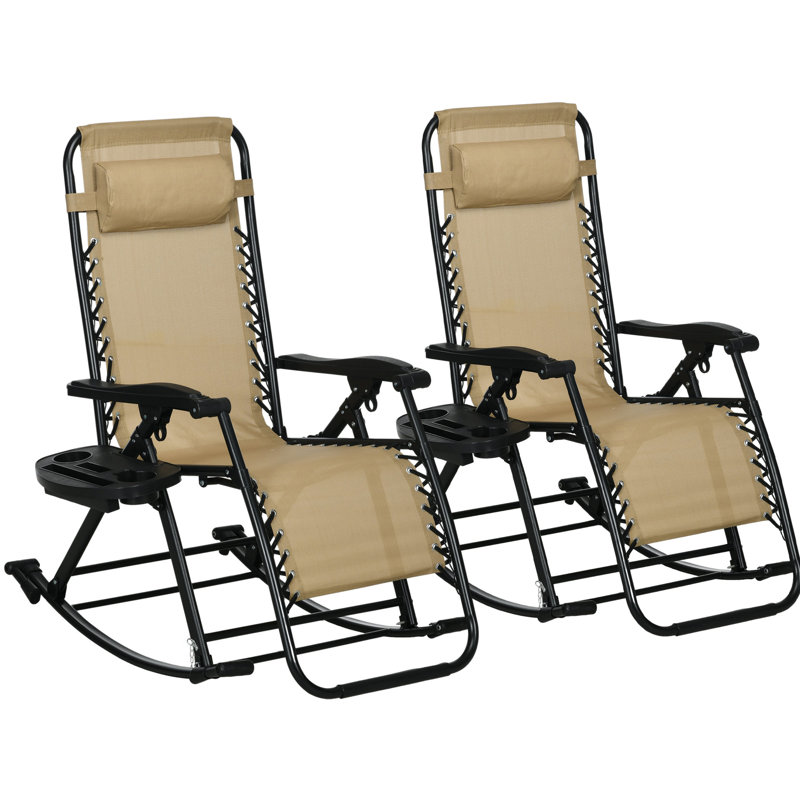 Foldable Rocking Chair , 2 Pieces Outdoor, Zero Gravity Recliner With Pillow, Cup & Phone Holder, Beige, Steel Made 2 Lounge Chairs, Folding Frame Package