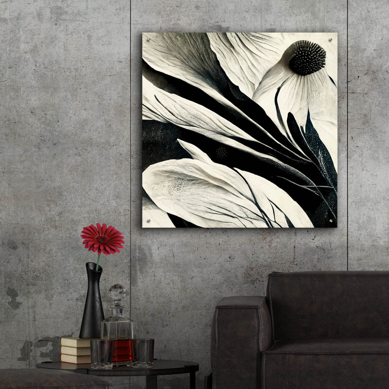 «Flowers Black White 7» par Ray Heere, art mural en verre acrylique, 12 po x 12 po, H 36 po x l 36 po x P 0,2 po
