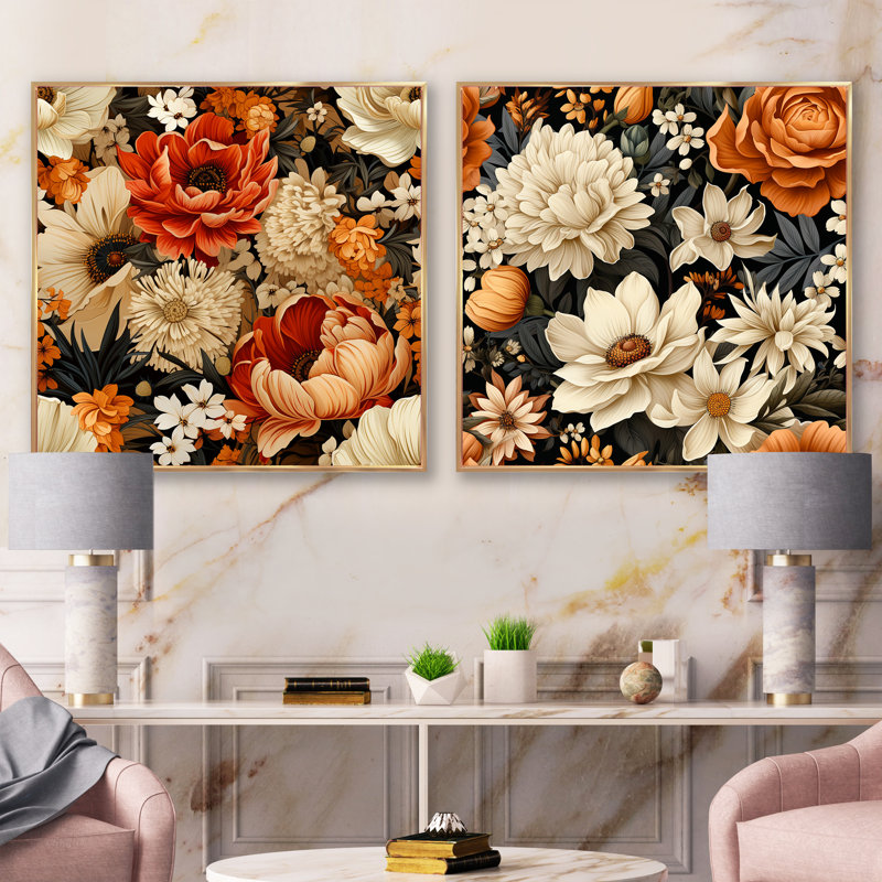 Autumn Cottage Flowers, H 16 po x l 33 po, Cadre flottant doré