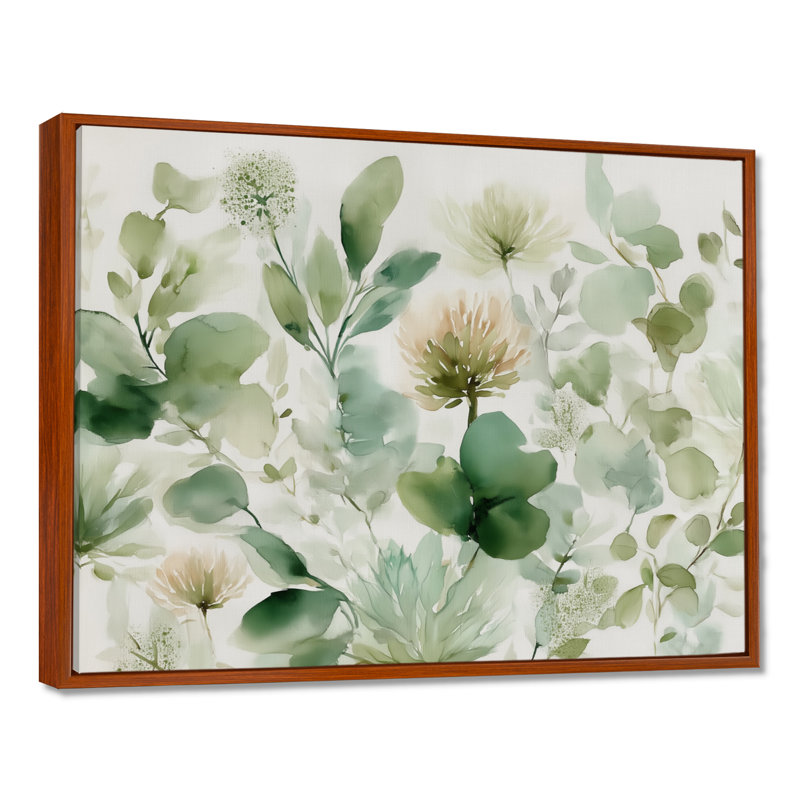 «Watercolor Greenery Sage Watercolor - Plants», impression sur toile botanique verte, H 12 po x l 20 po, Cadre flottant, Brun