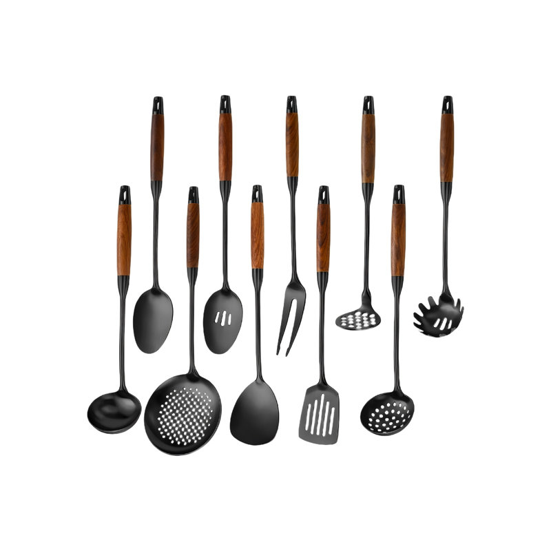 Ensemble d'ustensiles de cuisine ovales en acier inoxydable, 10 pièces avec manche en bois