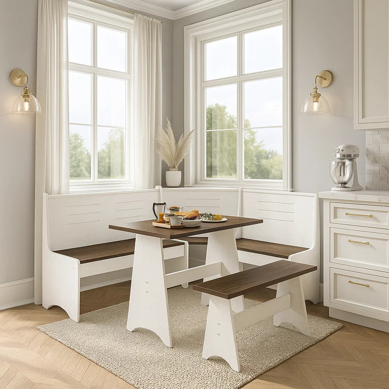 59" Chapman 3-piece Corner Breakfast Nook Dining Set With Storage Benches – White & Brown Finish, Brown Tabletop / White Base