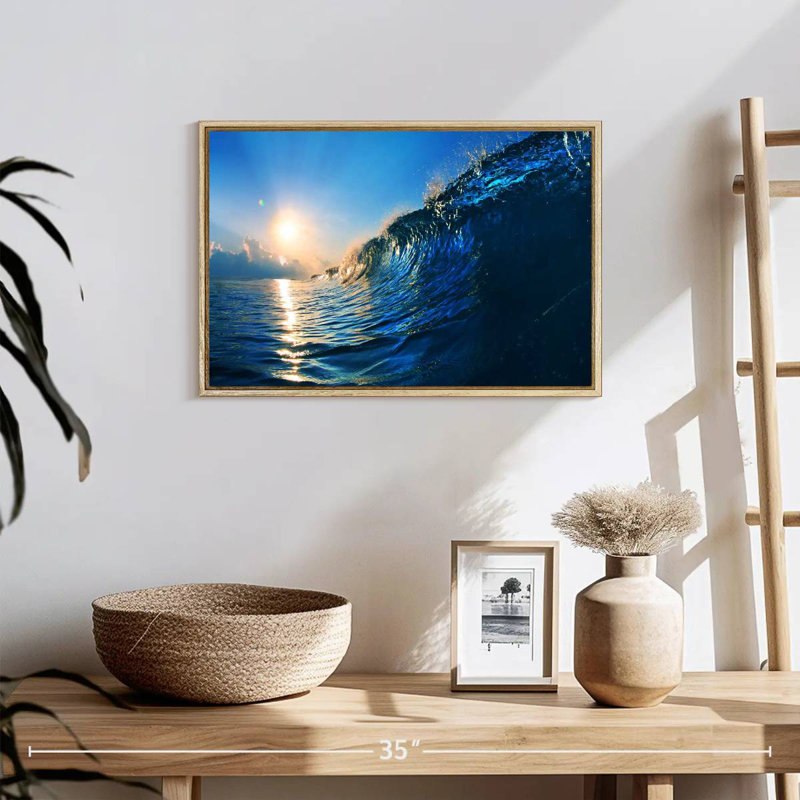 Blue Ocean Wave, 19 po x 13 po, Cadre flottant en bois naturel