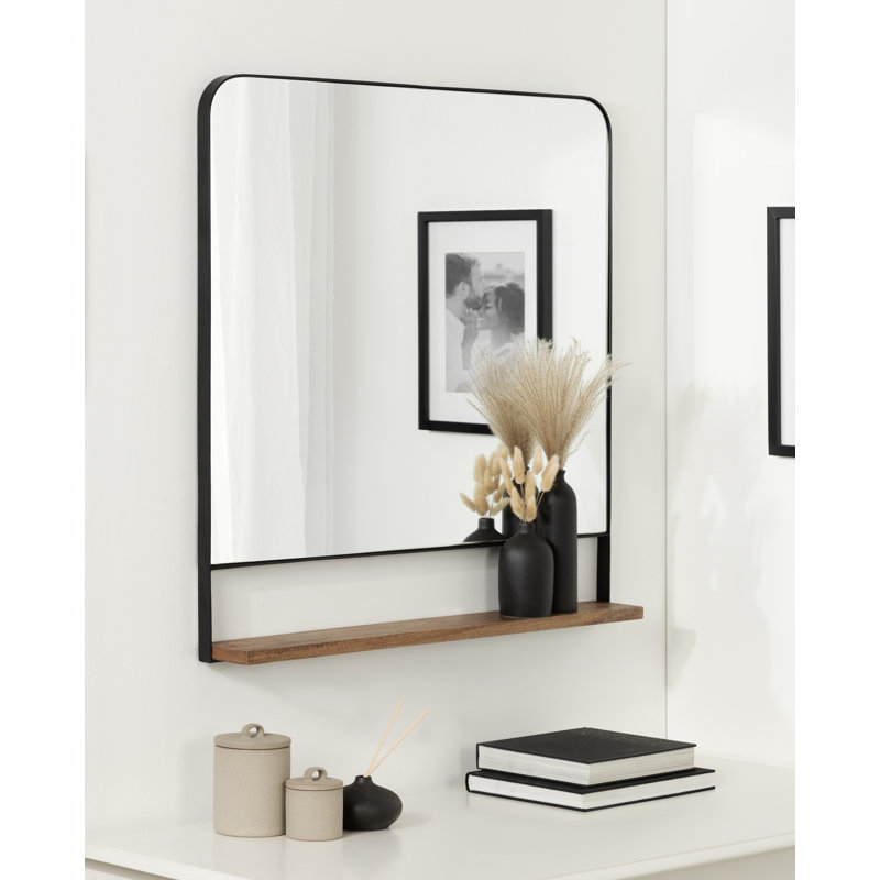 Branchville Metal Wall Mirror with Shelf, Square, 32" x 32", Natural Brown and Black