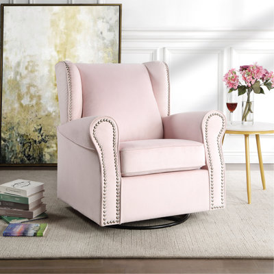 Chaise pivotante rose, revêtement en tissu, base en bois massif et en composite, assise en mousse à haute densité à ressorts ensachés, coussin amovible, siège pivotant à 360 degrés, garniture cloutée, siège rembourré de 20 po