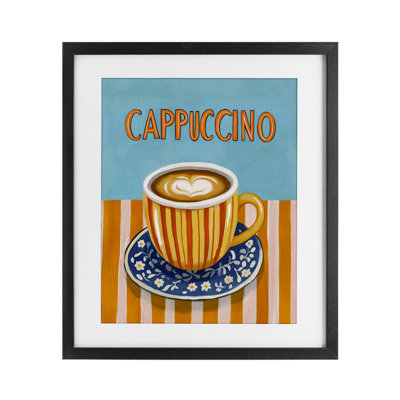Impression cappuccino à rayures bleues et orange sous verre, design par Yen