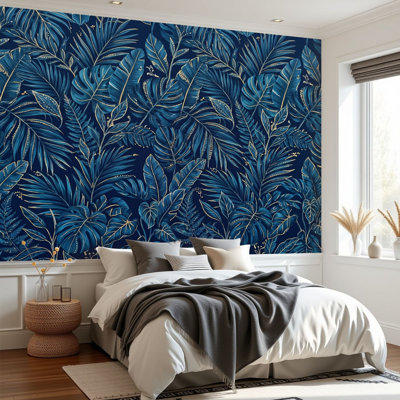 [style] Peel and Stick Wallpaper Tropical Monstera Palm Leaves Blue Gold Tones Wall Murals 69"H x 96"W Removable PVC Wall Paper Self-Adhesive Wall Decor for Bedroom Living Room Home Office