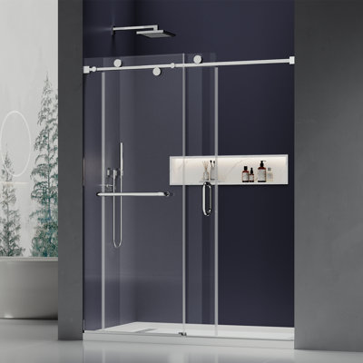 Porte de douche sans cadre, 56-60 po x 76 po, porte de douche coulissante simple, verre trempé de 5/16 po (8 mm) avec double revêtement nano, porte de salle de bain en verre facile à nettoyer, nickel brossé