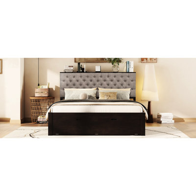 Grand lit plateforme en bois avec rangement pour tête de lit, 4 tiroirs, étagère à chaussures double couche